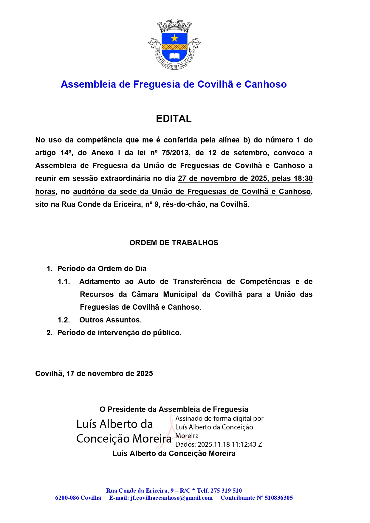Edital – Assembleia de Freguesia – Novembro 2026
