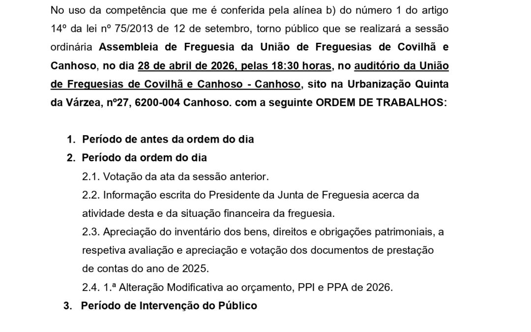 Edital – Assembleia Freguesia / Abril 2026