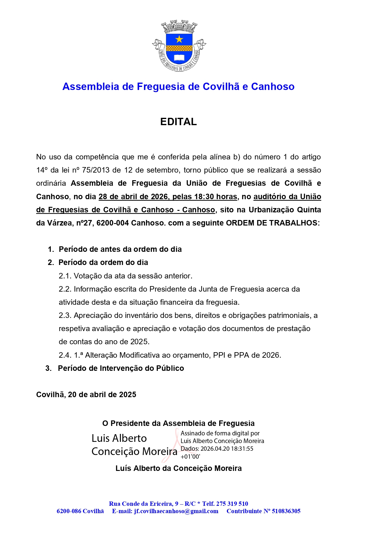 Edital – Assembleia Freguesia / Abril 2026