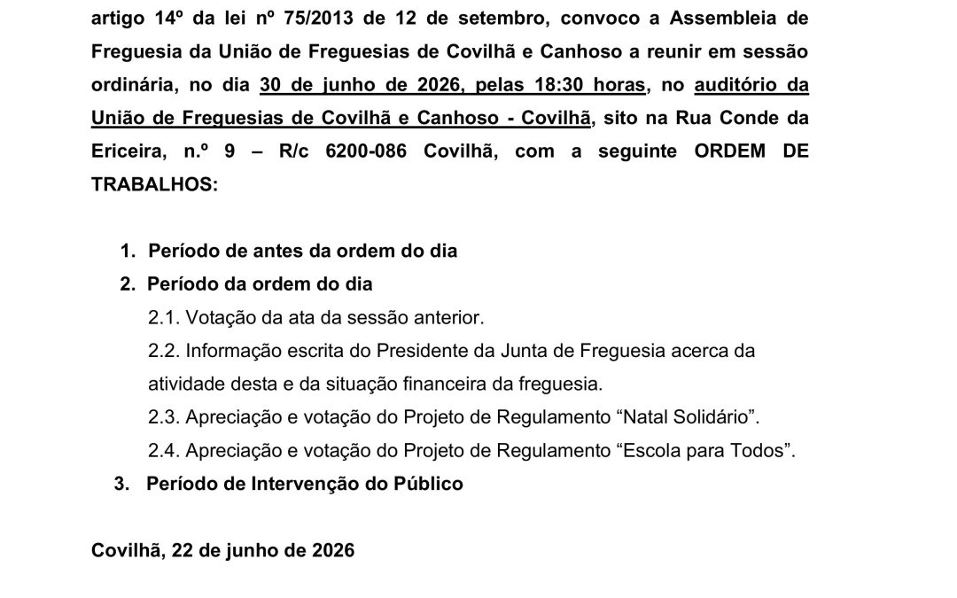 ASSEMBLEIA DE FREGUESIA | 30 DE JUNHO DE 2026 | 18:30