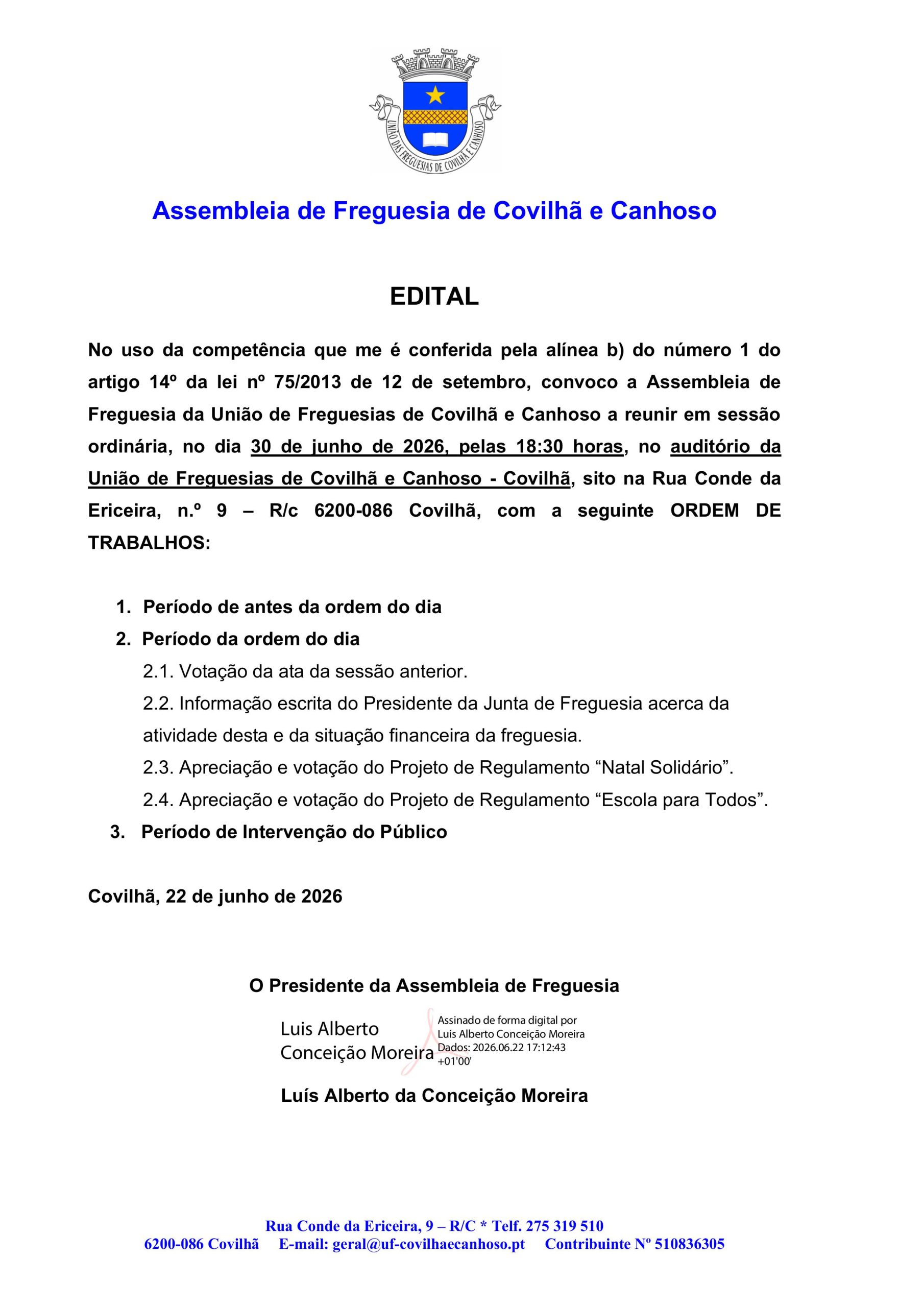 ASSEMBLEIA DE FREGUESIA | 30 DE JUNHO DE 2026 | 18:30