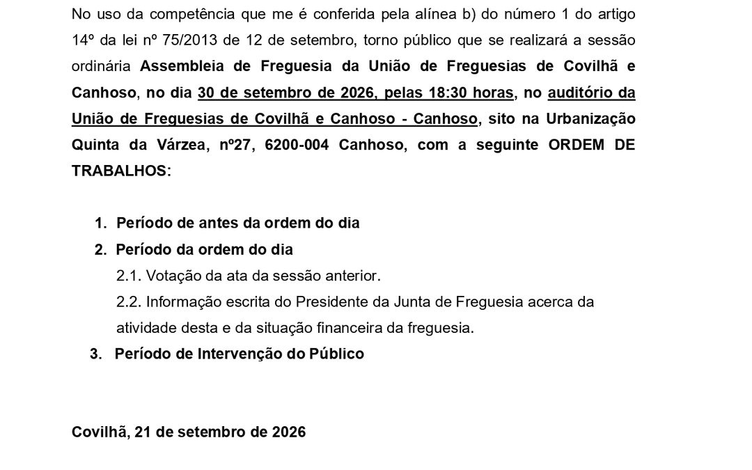 Assembleia de Freguesia | 30 de Setembro de 2026 | 18:30