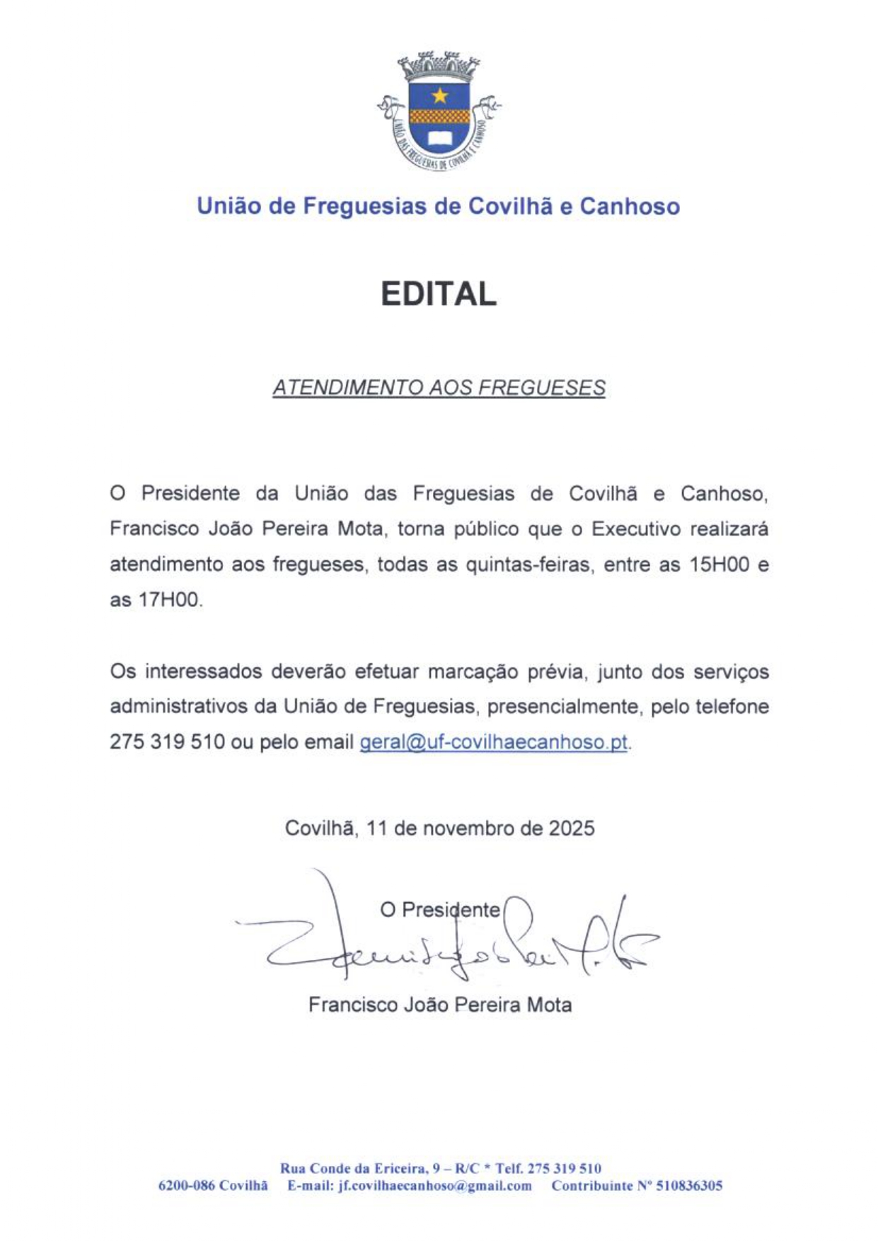 Edital – Atendimento aos Fregueses